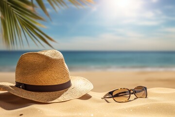 A straw hat and sunglasses on a sandy beach under a palm tree, a summer vacation concept, a seaside resort.