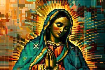 Colorful digital mosaic of the Virgin Mary in prayer