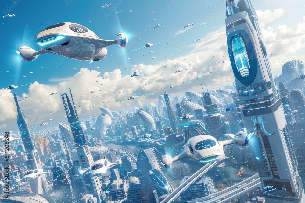 Poster a dynamic view of a futuristic city with advanced technology, featuring a flying saucer in the sky, 