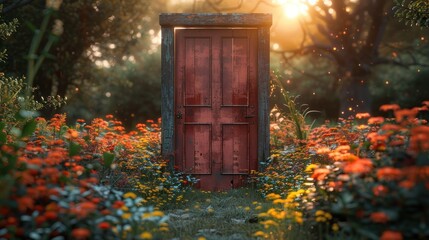 door in the center meadow at sunset