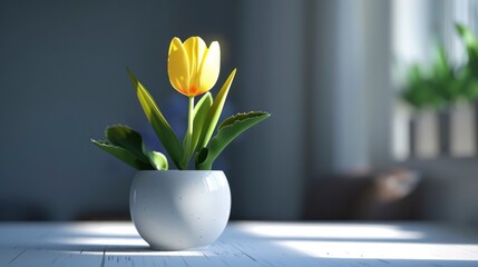 One yellow tulip flower on a white pot.