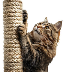 Obraz premium Cat Scratching a Post Energetic and Focused Die Cut PNG Style Isolated on White and Transparent Background