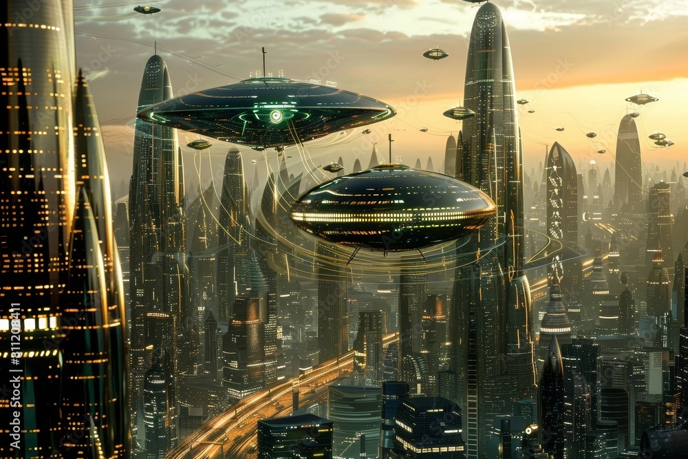 Poster A view of a futuristic city dominated by numerous tall, sleek metallic buildings reaching towards the sky, A futuristic metropolis with sleek, metallic buildings and flying cars zooming overhead