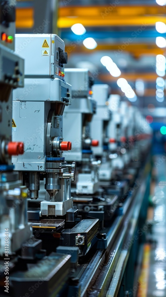 Poster a factory floor with many machines and a yellow crane. the machines are all white and red. scene is 