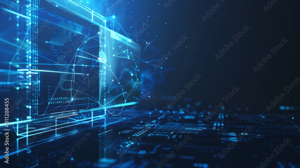 Poster abstract computer with artificial intelligence system on computer and speech bar on dark blue backgr