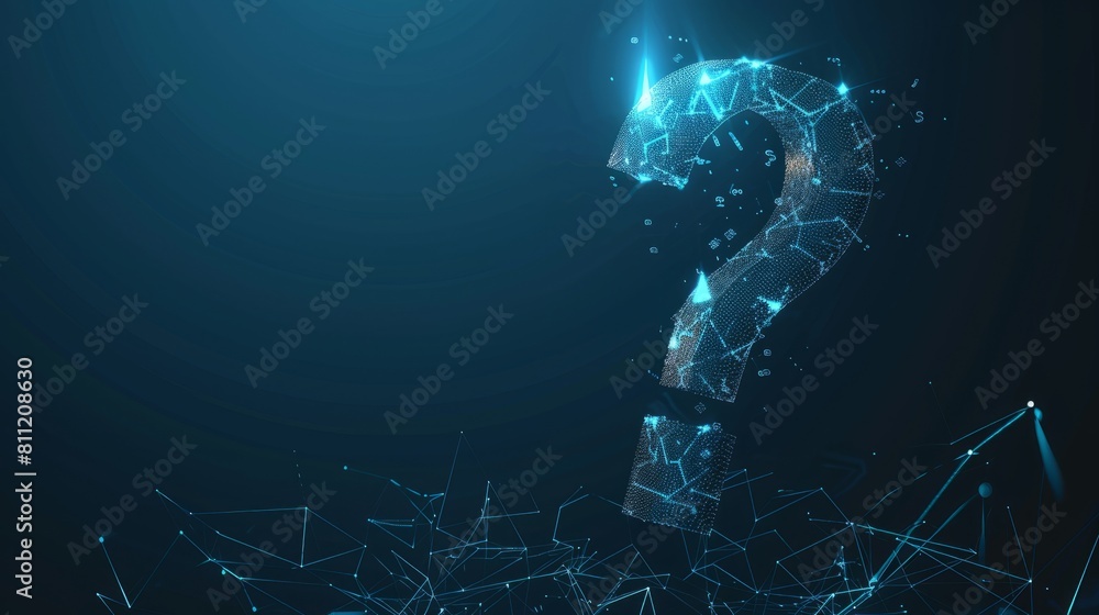 Poster abstract digital question mark. futuristic low poly wireframe ask symbol hyper realistic