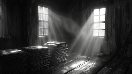   A monochrome image depicts a spacious room bathed in sunlight from the open window, while stacks of paper are scattered across the floor