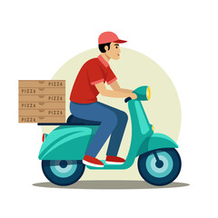 Fast pizza delivery with a man on scooter. Vector Illustration