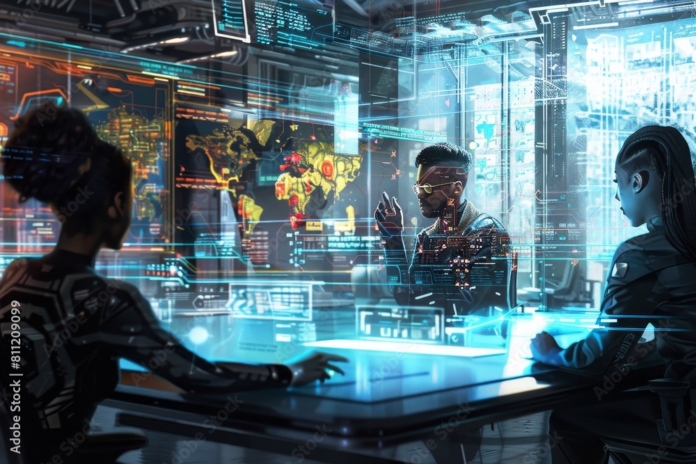 Poster diverse group of people working together at a table with a computer screen in front of them, a futur