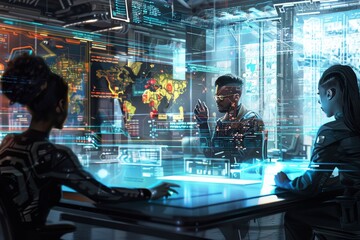 Diverse group of people working together at a table with a computer screen in front of them, A futuristic portrayal of a group of diverse employees discussing strategies in a high-tech office space