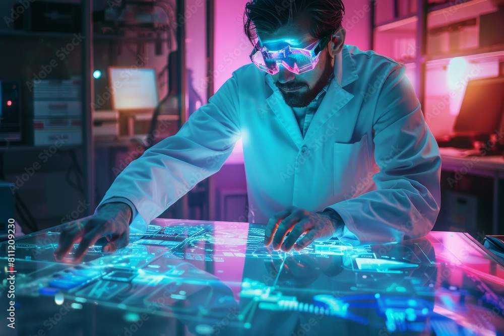 Poster a man in a lab coat focusing on his computer screen while working in a futuristic laboratory, a futu