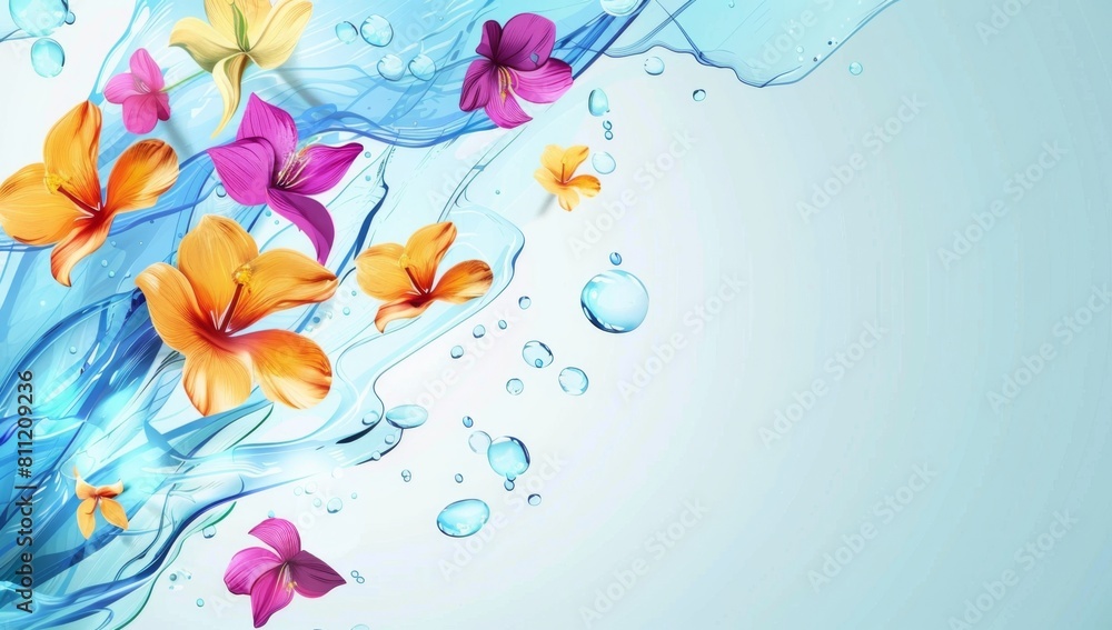 Poster abstract background with colorful flowers and water splash white space on the left side of banner, c