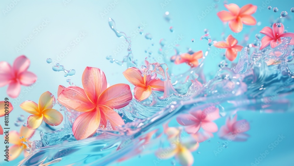 Poster abstract background with colorful flowers and a water splash light blue background generative ai