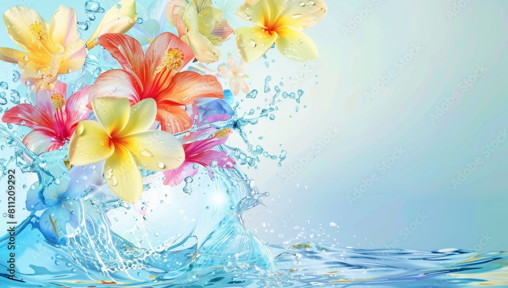 Poster abstract background with colorful flowers and a water splash light blue background generative ai