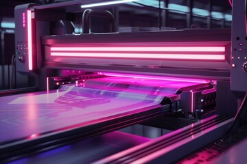 Obraz premium A large modern machine radiating a vibrant pink light in a futuristic setting, A futuristic printing machine with neon lights and sleek design