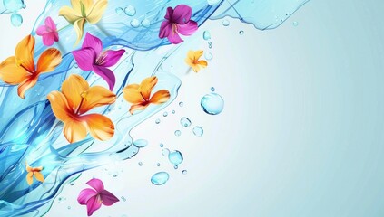 Abstract background with colorful flowers and water splash white space on the left side of banner, colorful background Generative AI