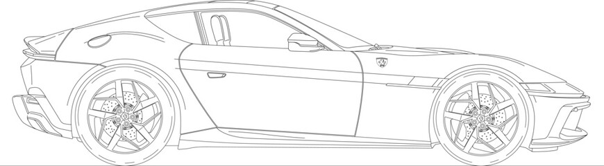 Obraz premium Maranello, Modena, Italy, may 2024, new Ferrari 12 Cilindri (12 cylinders) super car model, silhouette outlined on the white background, vector illustration