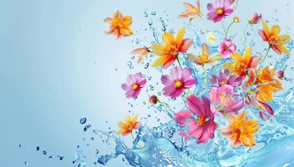 colorful flowers and water splash on a light blue background Generative AI