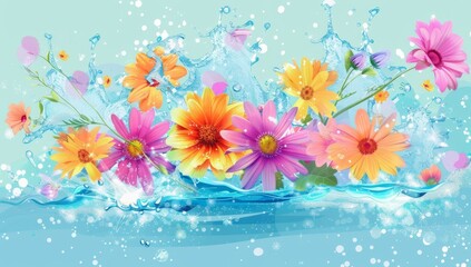 colorful flowers and water splash on a light blue background Generative AI