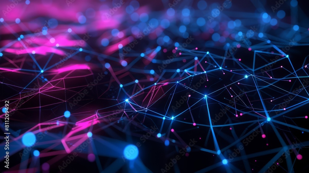 Wall mural abstract tech background with illuminated fiber optic connections, quantum computing network system 