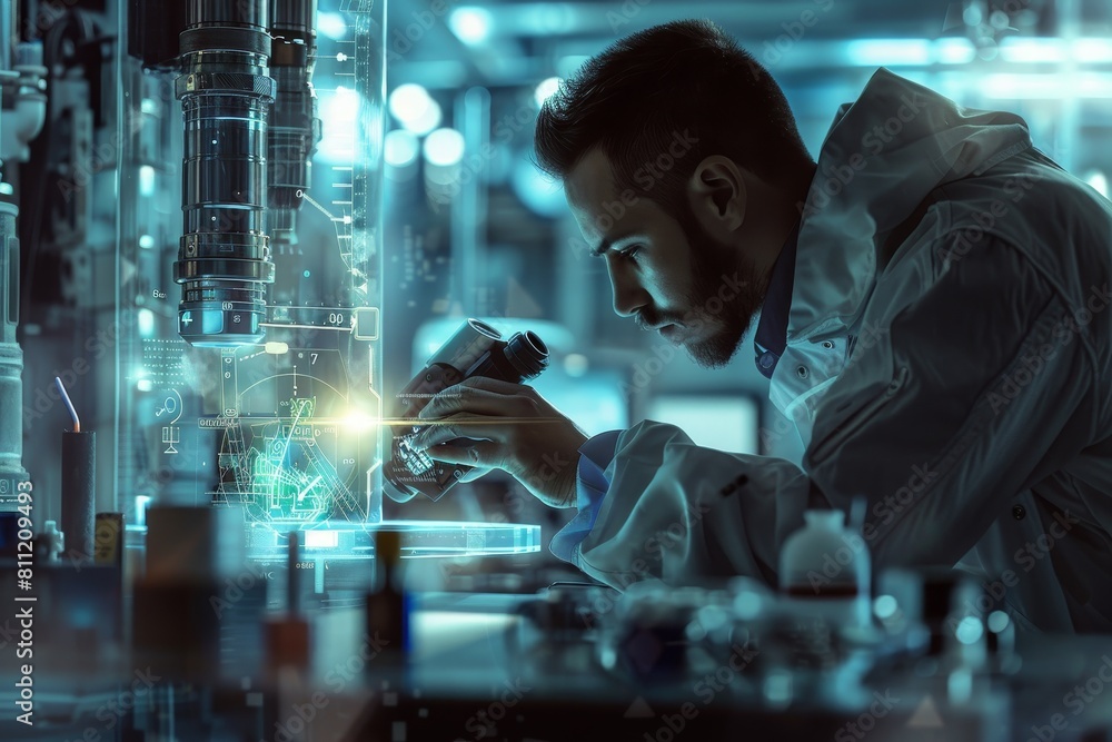 Poster a man in a lab coat studying specimens through a microscope with focus and concentration, a futurist