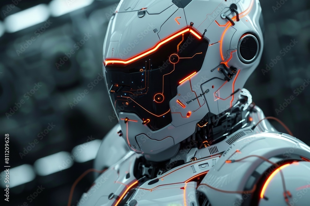 Poster a robot clad in a futuristic suit adorned with neon lights, a futuristic robot designed with sleek l
