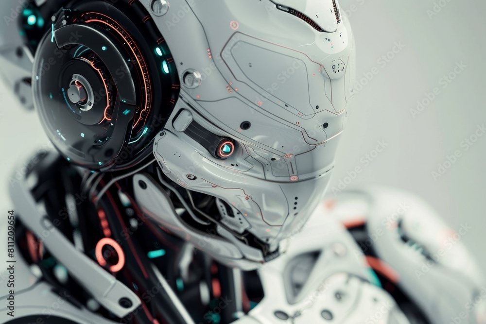 Poster a robot with sleek design standing upright and turning its head to the side, a futuristic robot desi