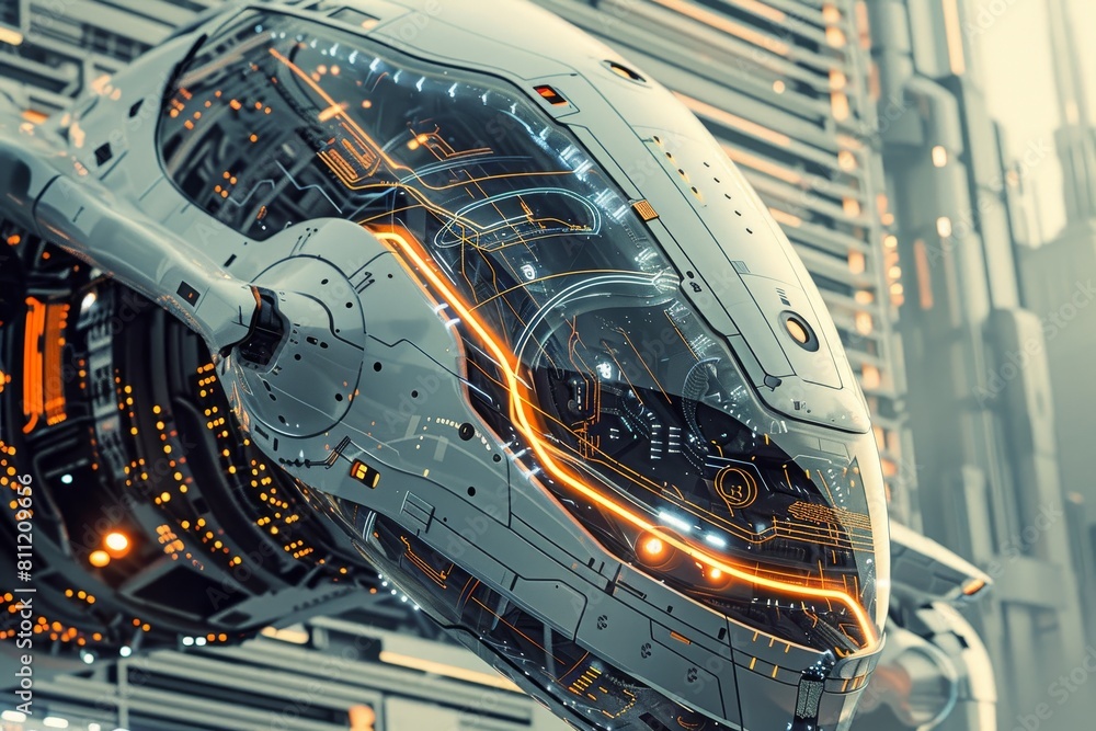 Aufkleber futuristic space station in urban setting, a futuristic robot designed with sleek lines and intricat