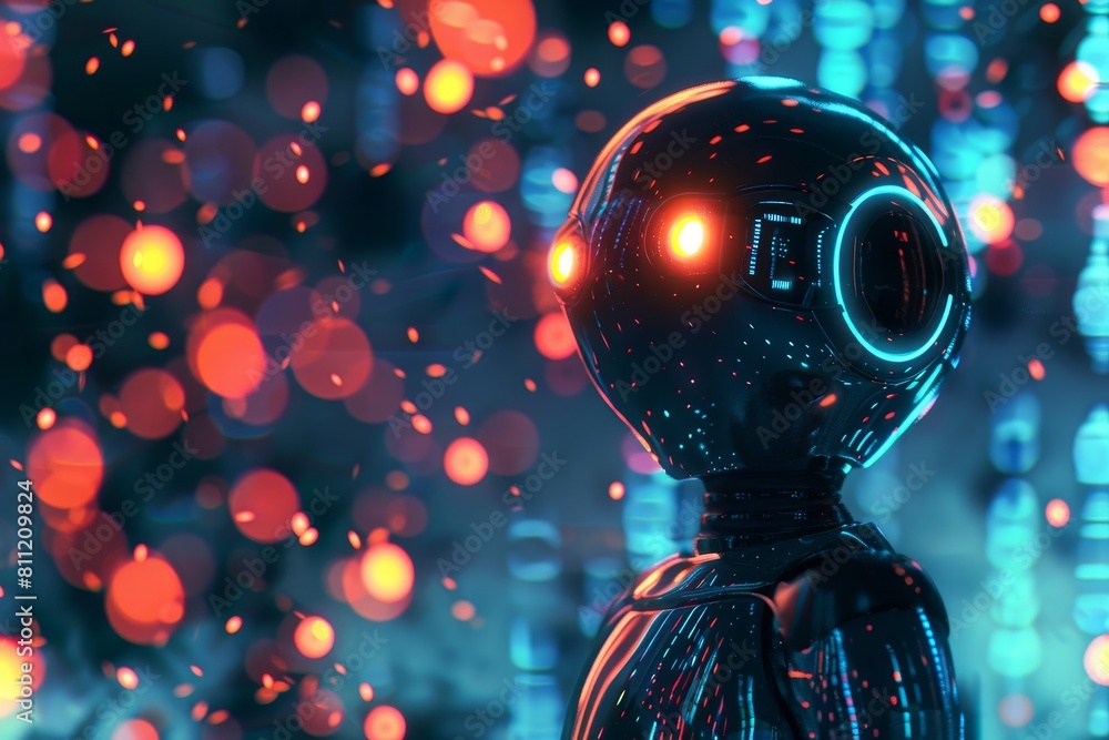 Poster a futuristic robot with glowing eyes stands in front of a city filled with vibrant lights, a futuris