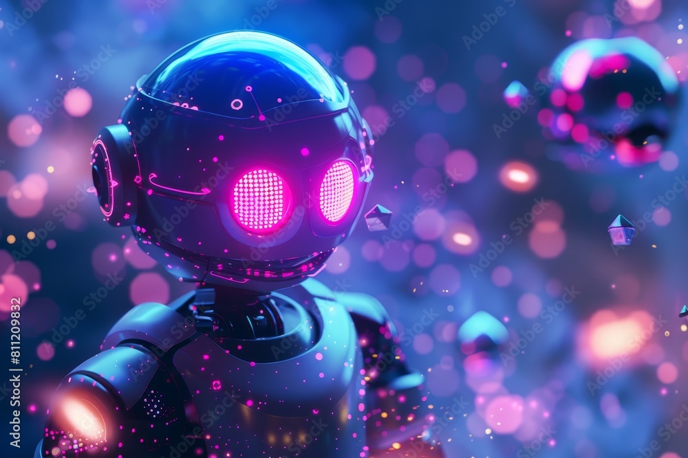 Poster a futuristic robot with glowing eyes hovering in mid-air against a neutral background, a futuristic 