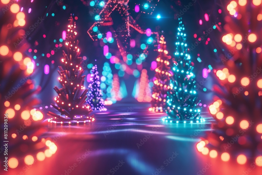 Poster vibrant christmas scene with lights and trees, a futuristic scene where neon christmas lights create