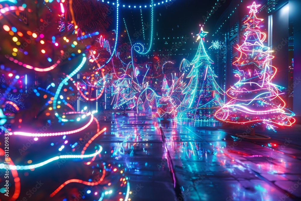 Poster a christmas tree adorned with bright lights, illuminating a dark room, a futuristic scene where neon