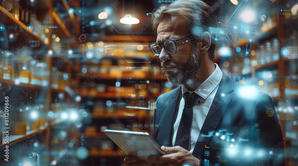 Poster businessman using a tablet to analyze data in a variety of settings. with a dynamic and colorful pal