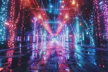 Fototapeta premium A large room filled with neon Christmas lights creating a vibrant and colorful display, A futuristic scene where neon Christmas lights create a dazzling display of patterns and colors