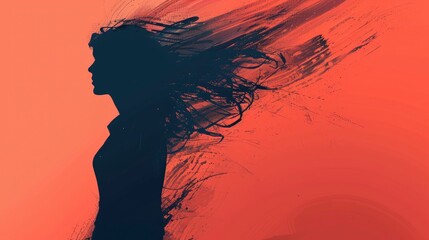woman silhouette with hair from aside with red background