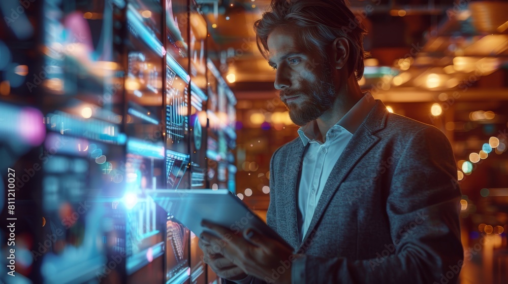 Poster businessman using a tablet to analyze data in a variety of settings. with a dynamic and colorful pal