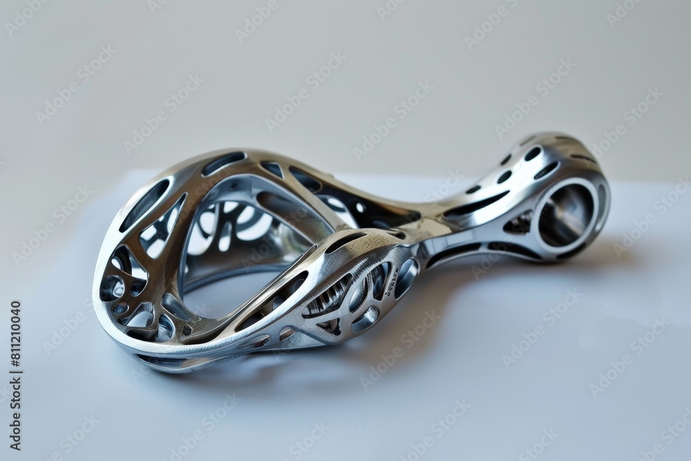 Poster close-up of a futuristic sculpture resembling a can opener, twisted and placed on a table, a futuris