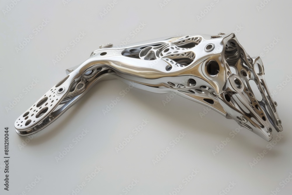 Poster detailed view of a futuristic sculpture resembling a can opener twisted on a white table, a futurist