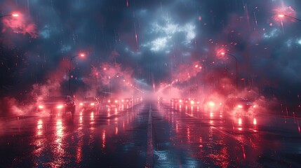 Dark street, night smog and smoke neon light. Dark background of the night city, ray of light in the dark. Gloomy dark background.