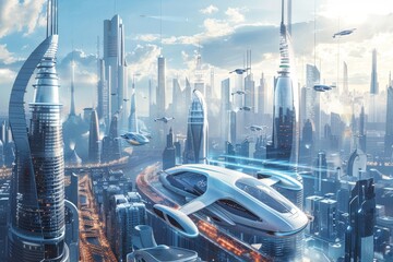 A futuristic cityscape with modern skyscrapers, featuring a sleek futuristic car in the foreground, A futuristic skyline with sleek skyscrapers and flying cars
