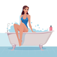 Vector illustration of a beautiful woman in a blue bikini sitting at the edge of a bathtub, smiling and looking at you.