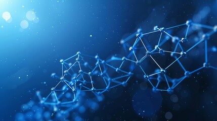 An abstract low poly wireframe representation of a molecule against a blue background. Connected dots represent scientific and medical topics. Starry sky-low poly wireframe digital hyper realistic 