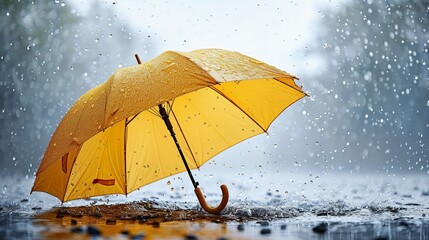 A bright yellow umbrella held aloft offers shelter from a summer downpour o rain - Powered by Adobe