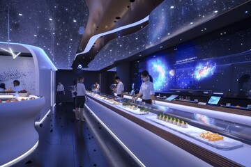 Several individuals standing together in a futuristic sushi bar with conveyor belt sushi, A futuristic sushi bar with conveyor belt sushi and high-tech ordering tablets