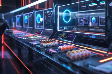 Fototapeta premium A bustling counter filled with a variety of food items, including sushi and other dishes, A futuristic sushi bar with conveyor belt sushi and high-tech ordering tablets