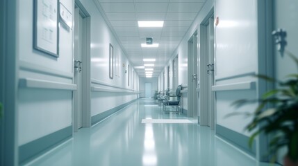 An empty hospital hallway conveys a clean and quiet healthcare environment, representing modern medical facilities in AI generative imagery. hyper realistic 