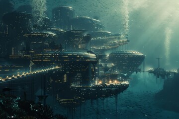 Obraz premium A modern cityscape emerges from the ocean, blending technology with nature in a futuristic setting, A futuristic underwater city beneath the waves