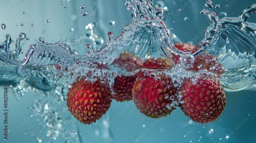 Poster multiple lychees submerged in water creating dynamic splashes, ideal for food photography workshops 