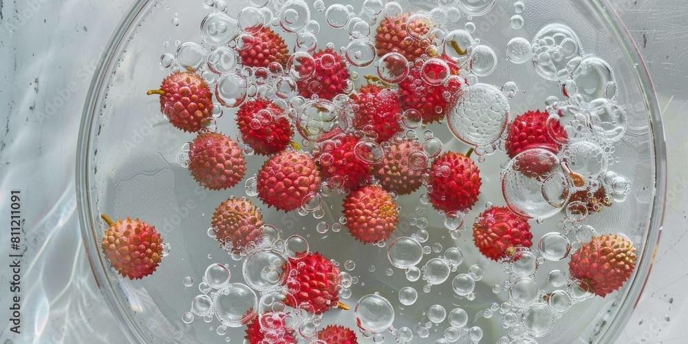 Poster overhead view of a bowl of water with lychees gently floating on the surface, surrounded by small bu