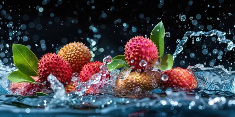 several lychees immersed in water with vivid splashes and green leaves, perfect for culinary magazines or decorative uses in eateries.